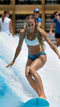 Athletic woman with blonde hair surfing on a blue wave board in an indoor surfing simulator while smiling during the day time