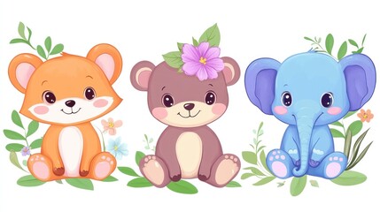 Naklejka premium Cute fox, bear, elephant in garden; children's book illustration