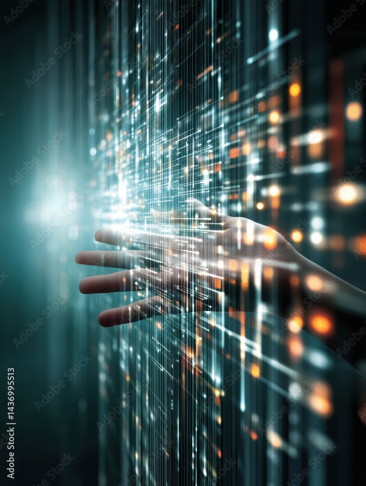 Poster Floating Holographic Code Appears Above a Hand in a Futuristic Cyberspace Setting Filled With Vibrant Data Streams and Digital Energy