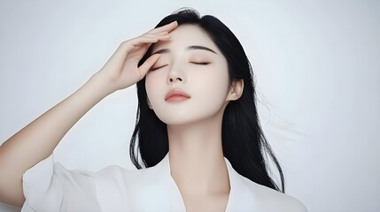 Naklejka premium Young Beautiful Chinese Woman in White Touching Her Forehead