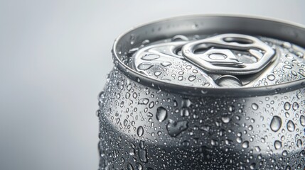 A shiny aluminum soda can with water droplets on a white background.