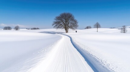 Fototapeta premium Winter wonderland trail. A pristine, snow-covered landscape with a winding trail, leading to a lone tree. A figure is subtly visible in the distance, adding a sense of peace and solitude