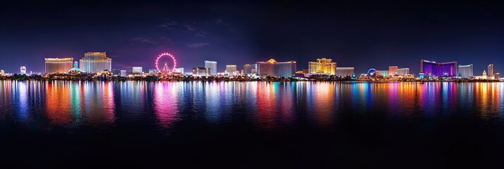 Vibrant Night Cityscape Reflections in Water with Illuminated Buildings and Ferris Wheel on a Clear Dark Sky Panoramic Scene