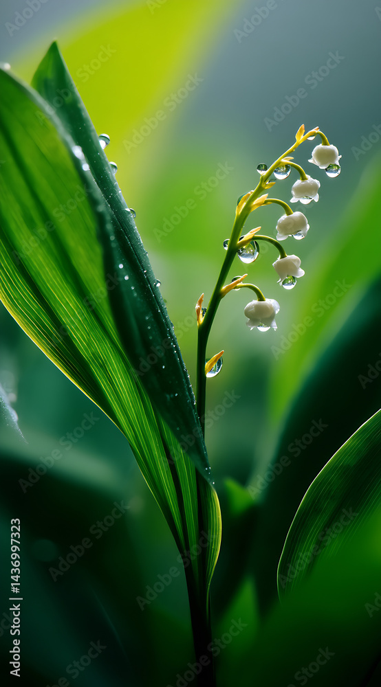 Poster delicate lily of the valley flower with dew droplets glimmering in soft natural light : generative a