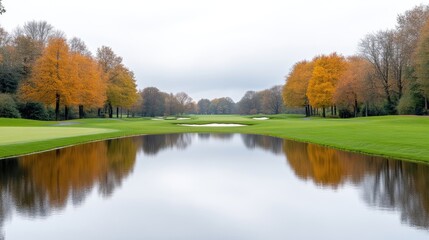Obraz premium Autumn golf course reflected in water