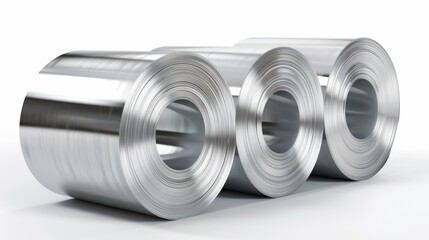 Three rolls of shiny metallic steel coils on white background.