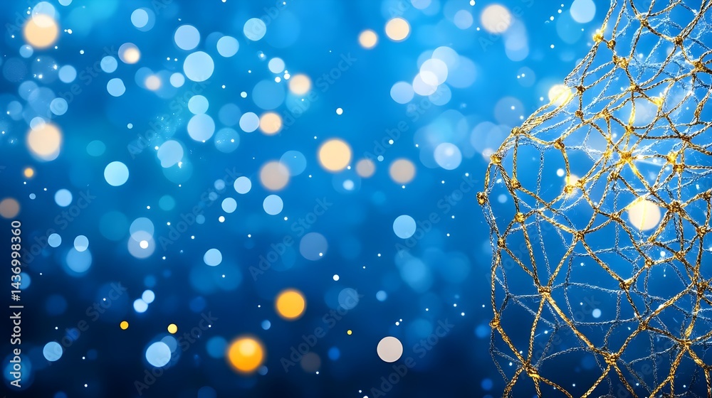 Wall mural blue background with golden net and bokeh waves of light