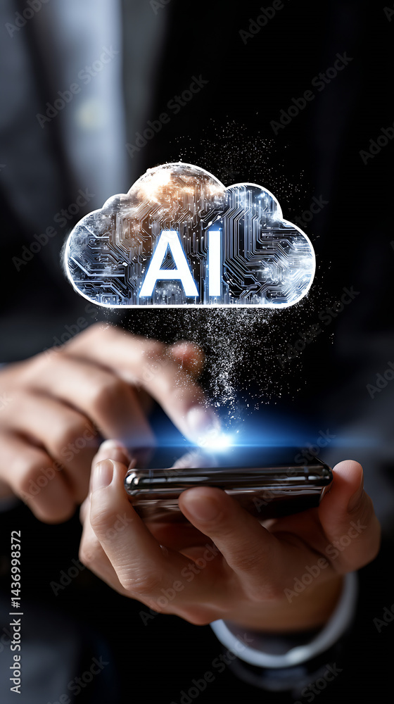Aufkleber Person Holding Smartphone with AI Cloud Graphic Representing Advances in Artificial Intelligence Technology : Generative AI
