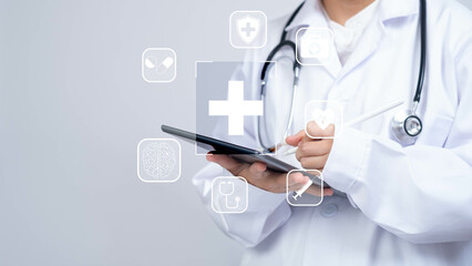 A healthcare professional in a lab coat uses a tablet, surrounded by digital health icons representing various medical services.