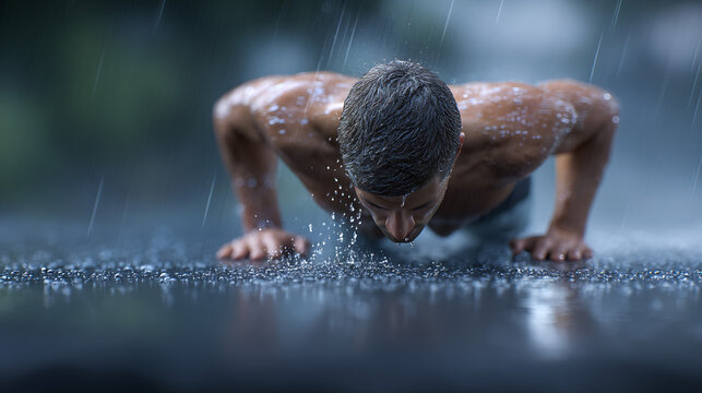 Athletic man performing push-ups in heavy rain showcasing strength and determination : Generative AI