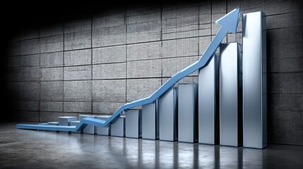 Upward blue arrow on a graph chart indicating positive growth trend and financial breakthrough in market analysis