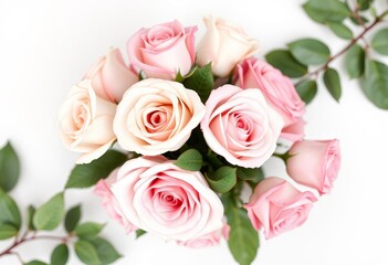 Elegant white and pink rose bouquet, pristine white backdrop, detail, petals