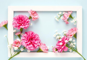 White frame showcases pink carnations & white gypsophila on light blue background Perfect for Mother's Day, nature, celebration