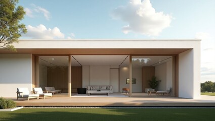 Fototapeta premium Elegant scandinavian villa with minimalist exterior featuring a large patio and clean lines surrounded by a beautiful natural landscape