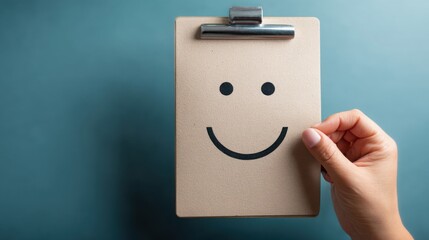 Clipboard with smiley face drawn on it representing trust score generator with concept of feedback and review process