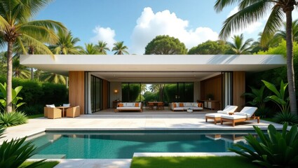 Fototapeta premium Luxurious pool area complete with a comfortable lounge chair and table surrounded by beautiful tropical elements and modern house design