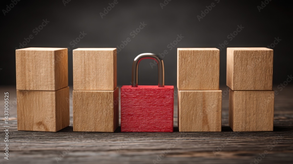 Poster red padlock on a wooden block representing buy zone detection concept for identifying safe entry in 