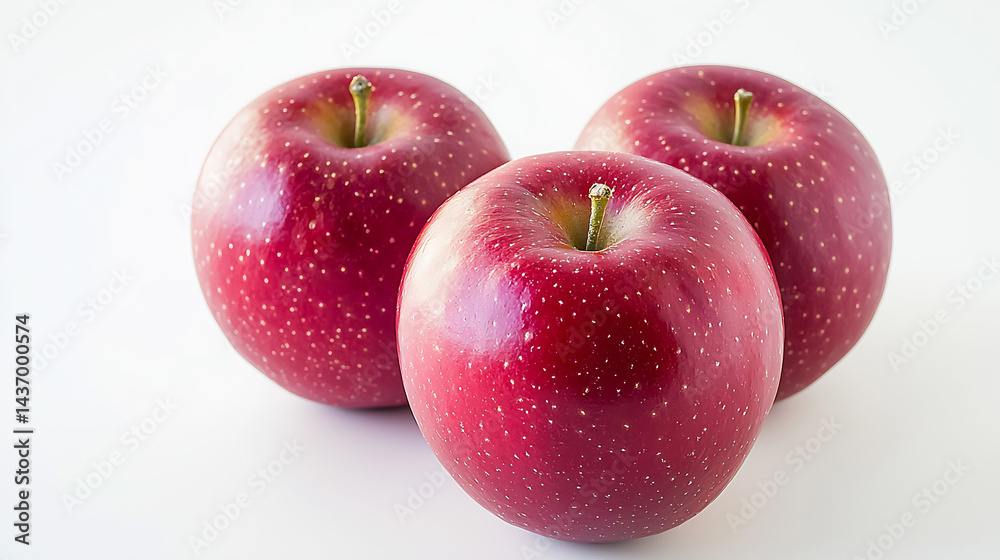 Poster Three shiny red apples arranged symmetrically on a clean white backdrop : Generative AI