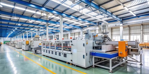 Plastic factory machinery operation with extrusion machine producing long thin plastic product, factory equipment, industrial machinery