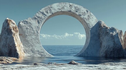 Serene coastal landscape featuring a circular stone archway framed by rocky formations