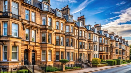 Obraz premium Traditional terraced houses in Glasgow's West End with a mix of Victorian and Edwardian architectural styles, urban