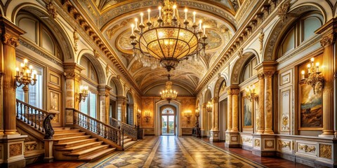 Fototapeta premium Grandiose hallway with sweeping staircase and ornate chandeliers suspended from vaulted ceiling, adorned with intricate gilded moldings and lavish tassels, Chandelier, Tassels