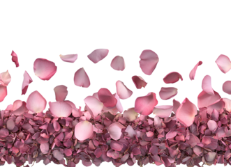 A falling pattern of pink rose petals on a transparent background, pink petals flying in the air, pink rose petals falling down on a white backgroun