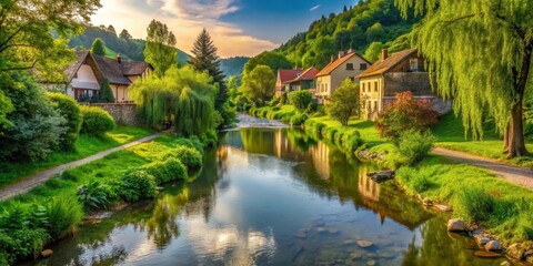Fototapeta premium Small river flowing through a picturesque village surrounded by lush greenery , landscape, calm, landscape, calm, serene