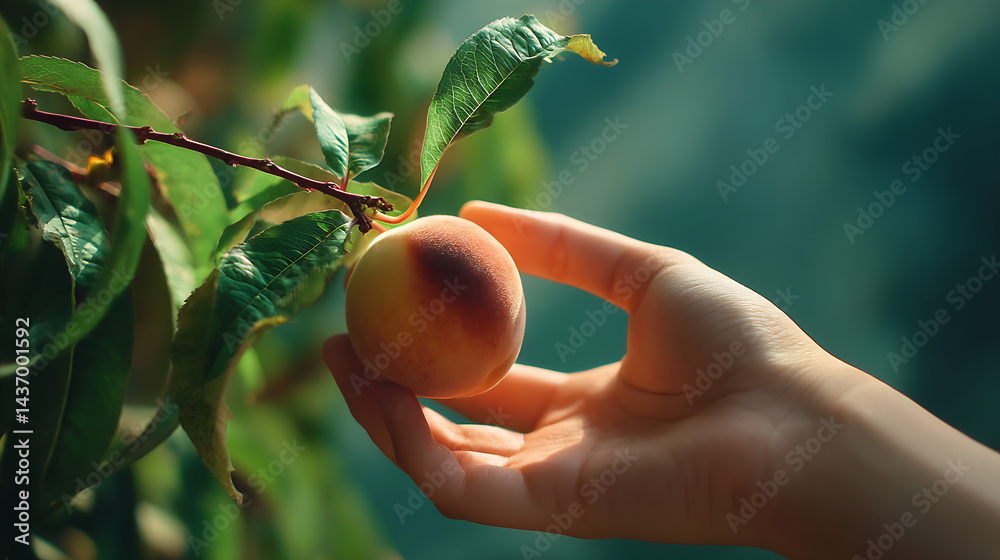 Aufkleber person reaching for a fresh ripe peach hanging from a branch in a lush garden setting : generative a