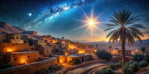Ethereal glow of a star shining brightly in the dark night sky over ancient Bethlehem landscape with terracotta roofs and palm trees , celestial, landscape
