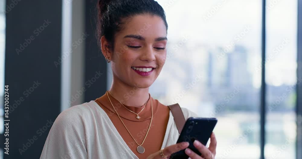 Poster Woman, phone texting and office with smile from social media break and scroll on the internet at work. Happy, app and mobile networking with technology at public relations agency online with laughing