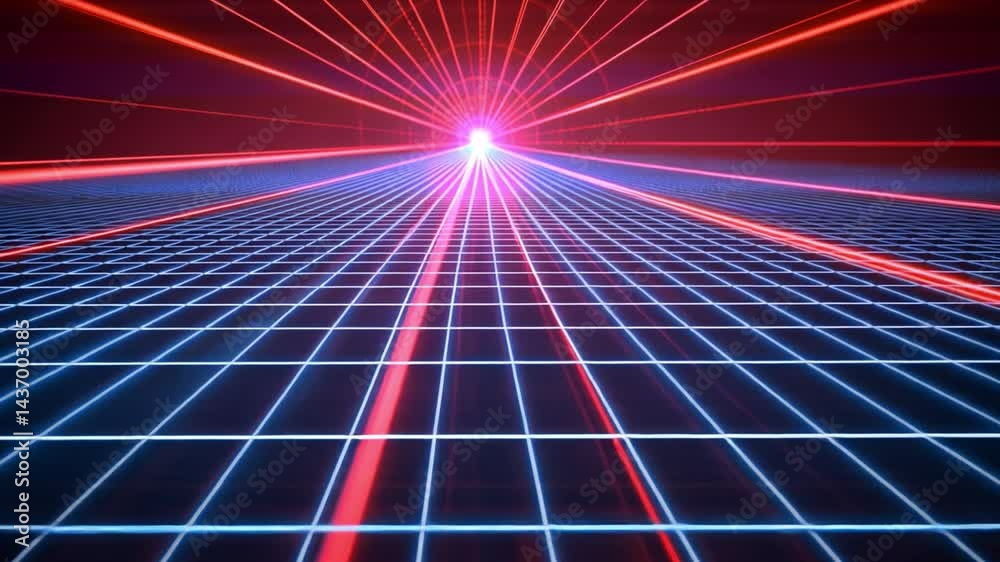 Poster vibrant digital landscape with grid pattern illuminated by red and blue laser beams, creating futuri
