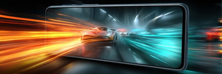 Racing Game Interface Displayed on a Sleek Gaming Smartphone With Vibrant Motion Trails Illustrating Speed and Excitement