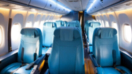 Obraz premium blurred airplane seats, interior inside a passenger plane, economy class, with blurred airplane seats background