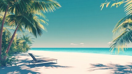Perfect empty beach with bright turquoise sea, white sand, lush palm trees, and one sun lounger placed beneath their shade, under a radiant daylight sky.