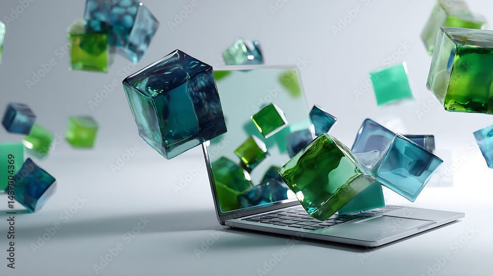 Leinwandbilder Creative digital visualization of colorful transparent cubes emerging from a laptop screen in a modern 3D graphic design : Generative AI
