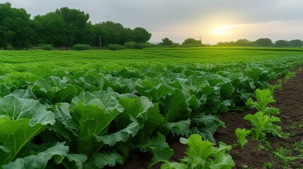 Lush green vegetable field under soft sunrise lighting enhancing farming atmosphere