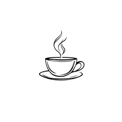 Obraz premium Minimalist monoline coffee cup logo in black lines on white background, transparent PNG. Perfect for café, coffee shop, or product branding