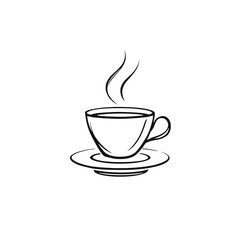 Minimalist monoline coffee cup logo in black lines on white background, transparent PNG. Perfect for café, coffee shop, or product branding
