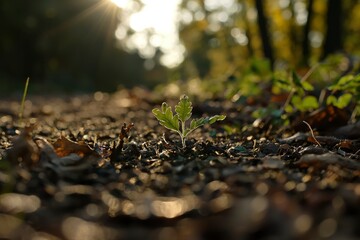 Tiny sprout in autumnal forest floor