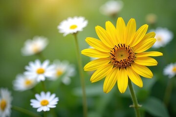 Fototapeta premium One vibrant yellow sunflower among white daisies, closeup, contrast, nature photography