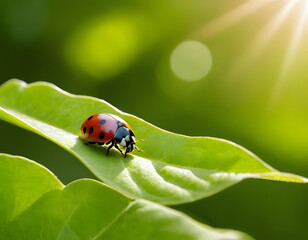Fototapeta premium A wide format background image of fresh green leaves and a ladybug lit by rays of sun in nature, with space for text. A ladybug on a beautiful green leaf.