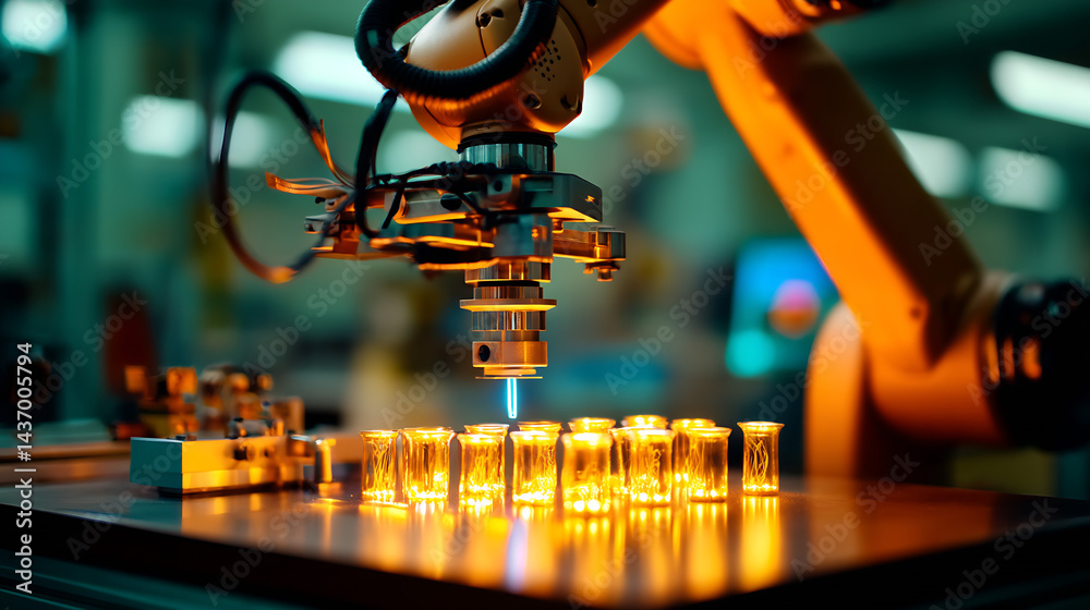 Aufkleber industrial robotic arm performing precision work with glass vials in a high-tech laboratory : genera