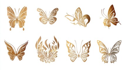 Eight golden butterflies; elegant design, isolated white background; ideal for decorations