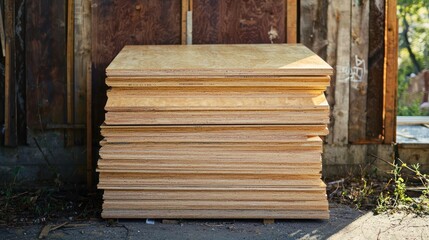 A stack of plywood sheets leaning against a newly built house frame.