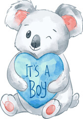 Cute Baby Koala Hugging a Heart with It's a Boy. Watercolor element suited for baby shower project, sticker, and gender reveal.