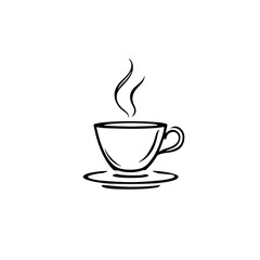 Minimalist monoline coffee cup logo in black lines on white background, transparent PNG. Perfect for café, coffee shop, or product branding