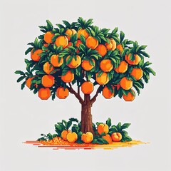 Orange peach tree square pixel art cartoon design on plain white background illustration