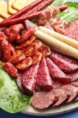 Different smoked sausages and other snacks on table, closeup