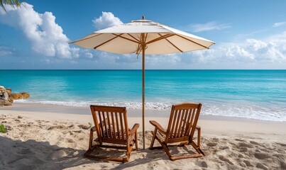 Tropical beach scene with beach chairs and umbrella.  Relaxing getaway
